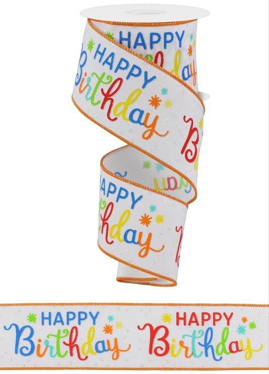 10 Yards - 2.5” Wired Happy Birthday Ribbon with Glitter Accent