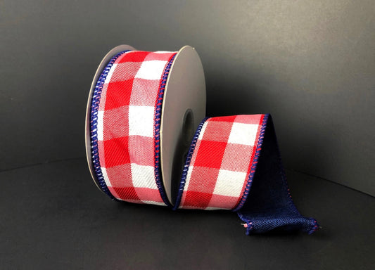 10 Yards - 1.5” Wired Red and White Check Ribbon with Navy Blue Edge