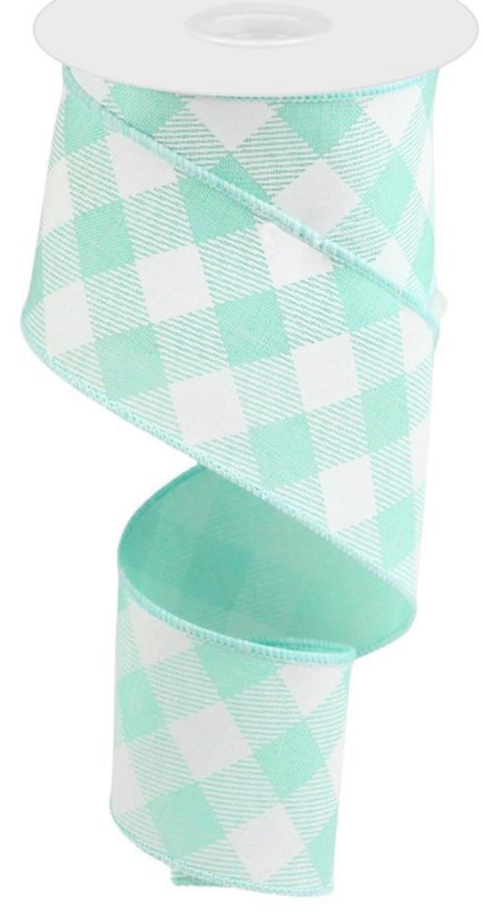 10 Yards - 2.5” Wired Mint and White Cross Check Ribbon