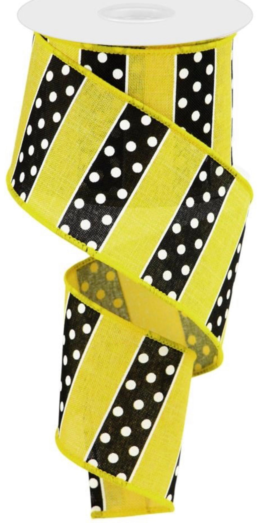 10 Yards - 2.5” Wired Yellow, Black, and White Polka Dot Stripe Ribbon