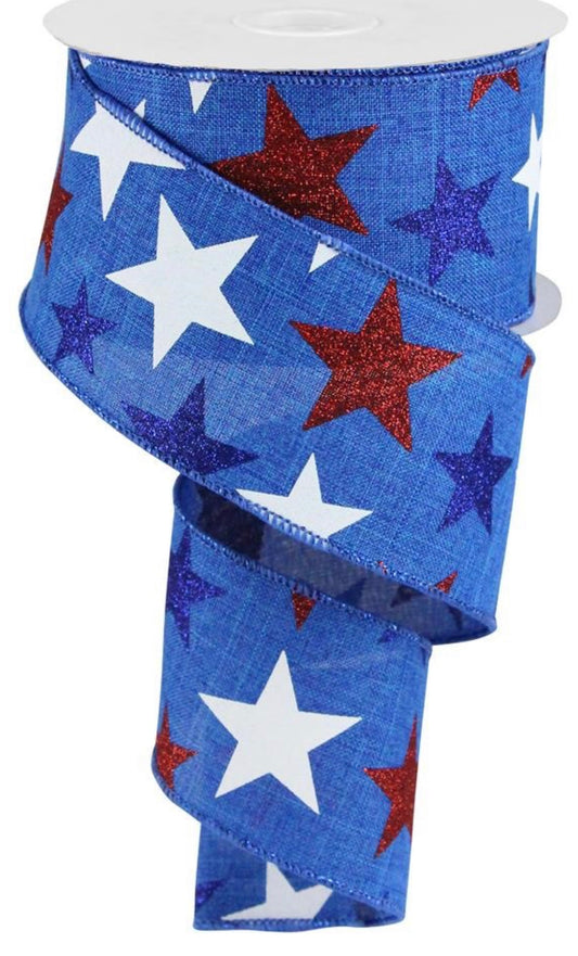 10 Yards - 2.5” Wired Blue Background Patriotic Star Ribbon with Glitter Accent