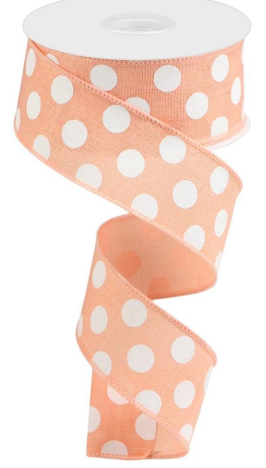 10 Yards - 1.5” Wired Peach and White Polka Dot Ribbon