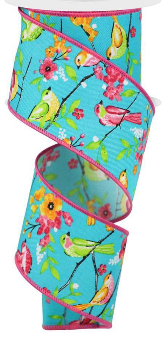 10 Yards - 2.5” Wired Blue Background Floral Bird Ribbon