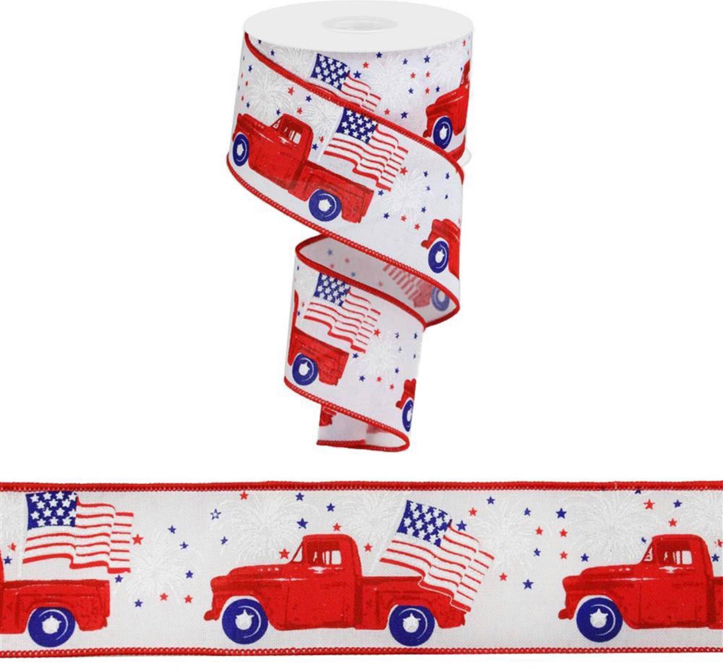 10 Yards - 2.5” Wired Patriotic Red Truck Ribbon with Glitter Accent