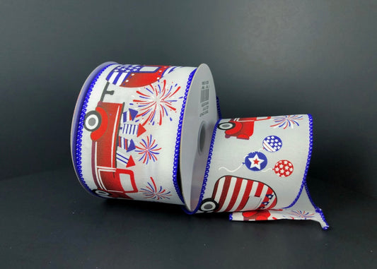 10 Yards - 2.5” Wired White Background Patriotic Truck and Camper Ribbon