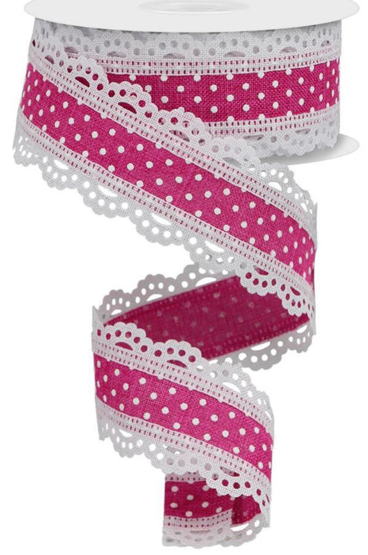 10 Yards - 1.5” Wired Fuschia Pink Swiss Dot Ribbon with Lace Edge Ribbon