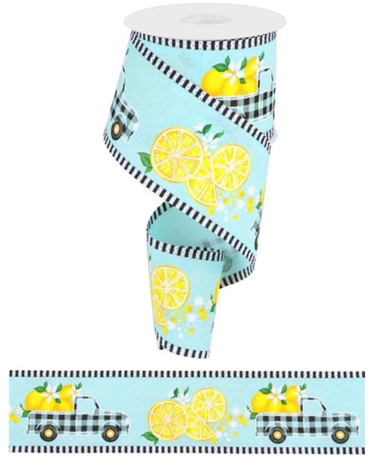 10 Yards - 2.5" Turquoise Ribbon with Gingham Truck and Lemons