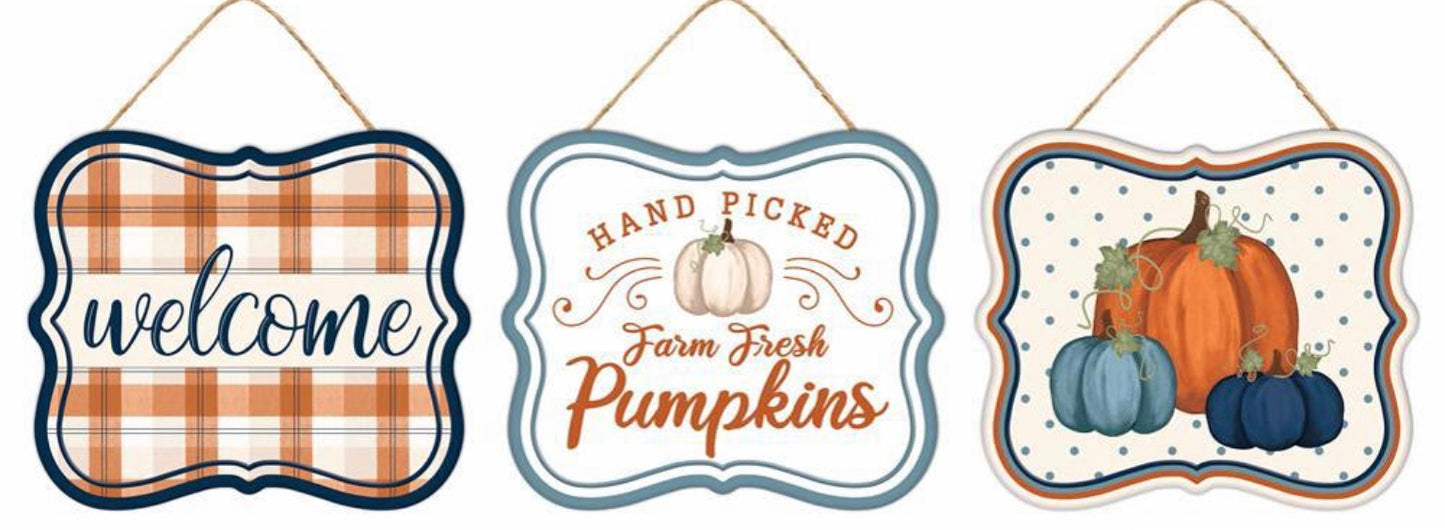 7”x6” Metal Tin Fall Pumpkin Wreath Signs