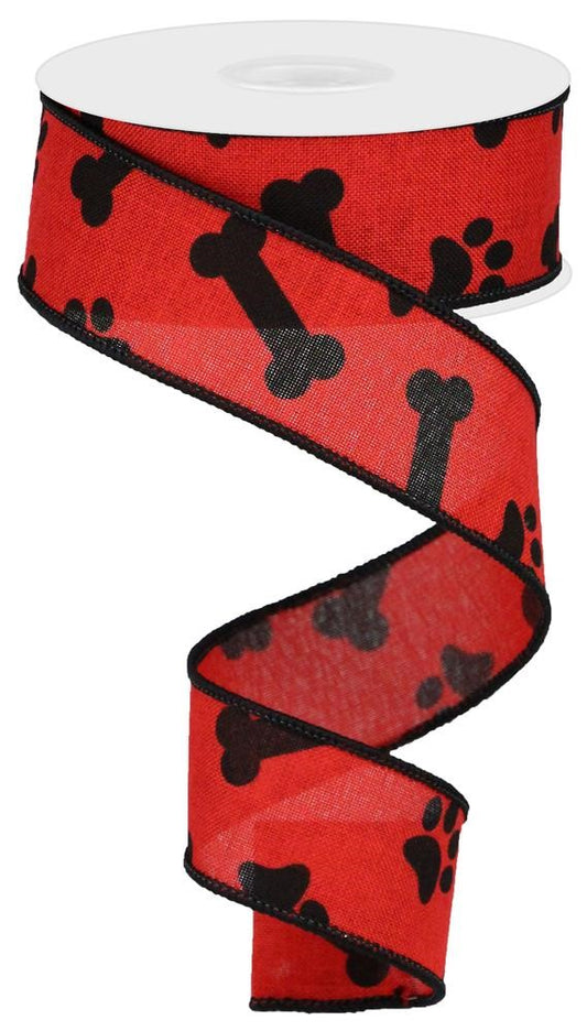 10 Yards - 1.5" Red Paws and Black Bones Ribbon