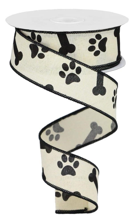 10 Yards - 1.5" Cream Paws and Bones Ribbon