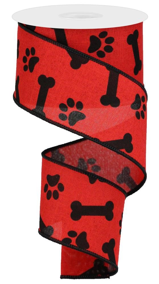 10 Yards - 2.5" Red Paws and Black Bones Ribbon