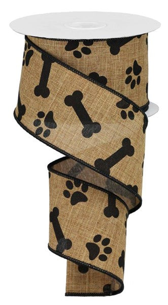 10 Yards - 2.5" Dark Natural Paws and Bones Ribbon