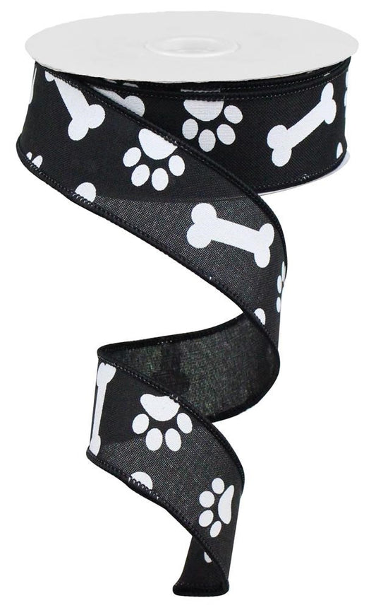 10 Yards - 1.5" Black Paws and Bones Ribbon