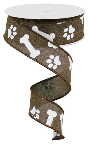 10 Yards - 1.5" Brown Paws and Bones Ribbon