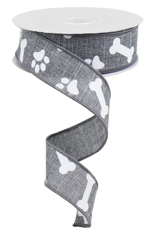 10 Yards - 1.5" Gray Paws and Bones Ribbon