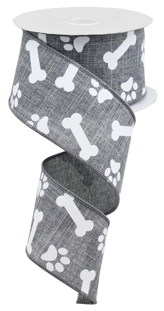 10 Yards - 2.5" Gray Paws and Bones Ribbon