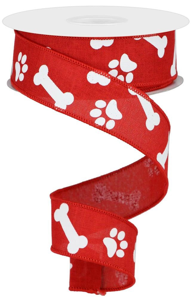 10 Yards - 1.5" Red Paws and Bones Ribbon