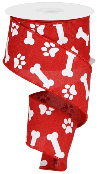 10 Yards - 2.5" Red Paws and Bones Ribbon