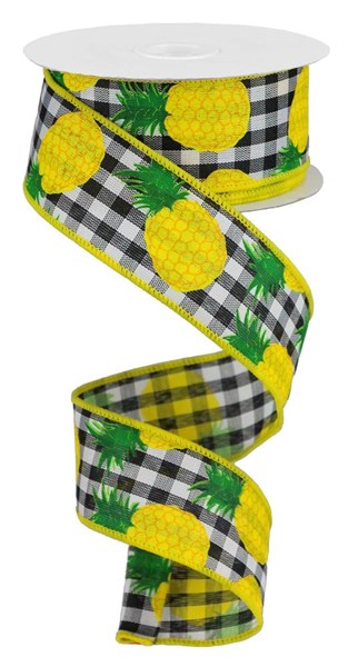 10 Yards - 1.5" Black and White Gingham Pineapple Ribbon