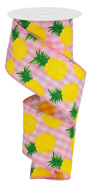 10 Yards - 2.5" Pink Gingham Pineapple Ribbon