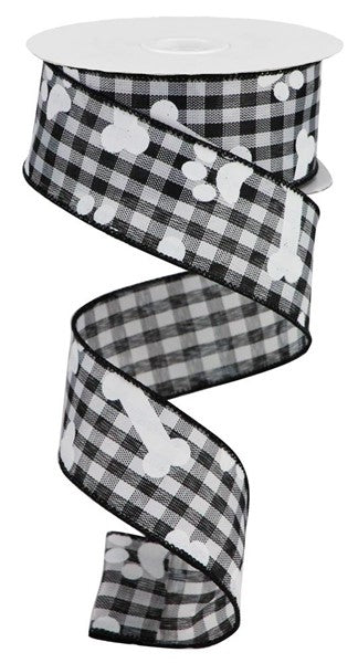 10 Yards - 1.5" Black and White Gingham and Bones Ribbon