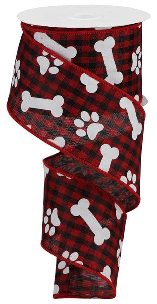 10 Yards - 2.5" Red Buffalo Check Paws and Bones Ribbon