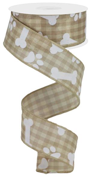 10 Yards - 1.5" Tan Checkered Paws and Bones Ribbon