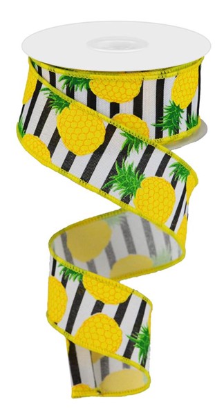 10 Yards - 1.5" Black and White Striped Pineapple Ribbon