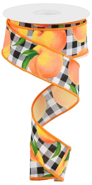 10 Yards - 1.5" Black and White Gingham Peach Ribbon