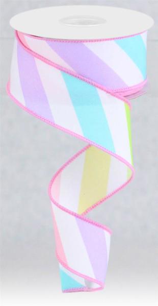 10 Yards - 1.5" Pastel Multicolor Diagonal Candy Stripe