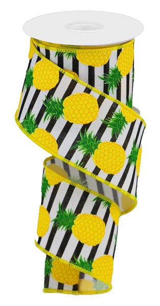 10 Yards - 2.5" Black and White Striped Pineapple Ribbon