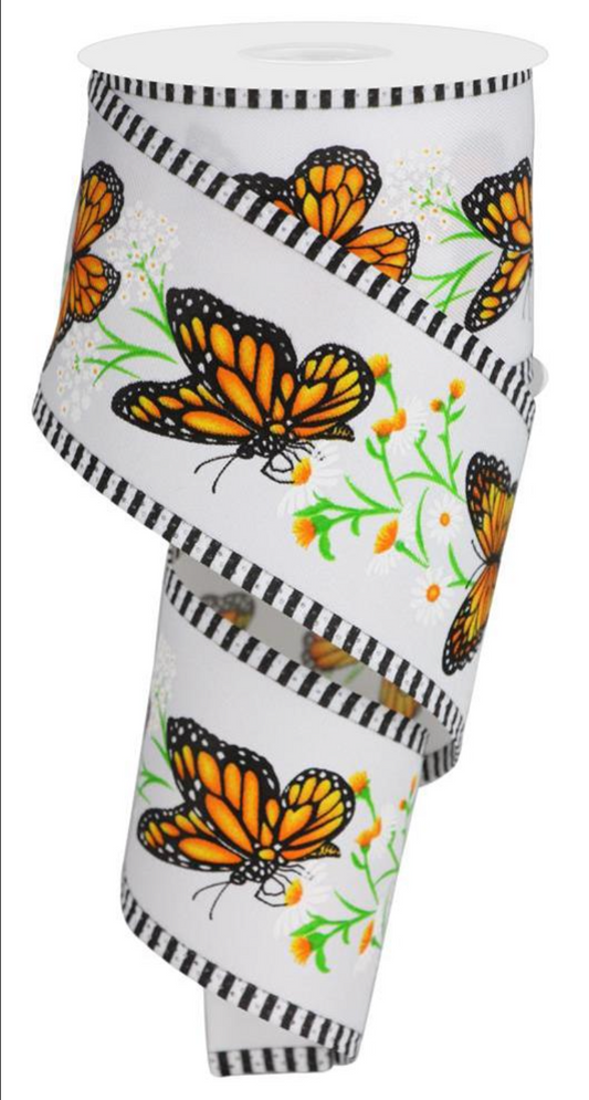 10 Yards - 2.5" Monarch Butterfly Ribbon with Stripe Edge