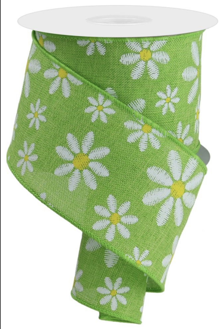 10 Yards - 2.5" Faux Embroidery Green Daisy Ribbon