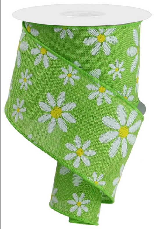 10 Yards - 2.5" Faux Embroidery Green Daisy Ribbon