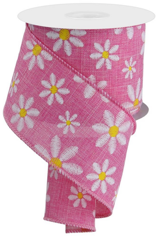 10 yards - 2.5" Faux embroidery Pink Daisy Ribbon