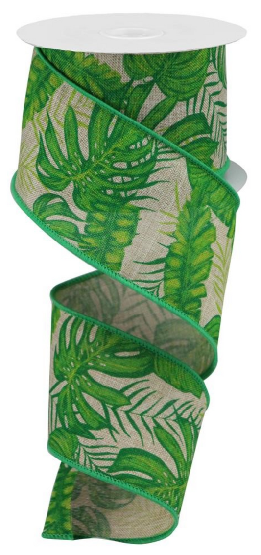 10 Yards - 2.5" Tropical Leaves on Natural Ribbon