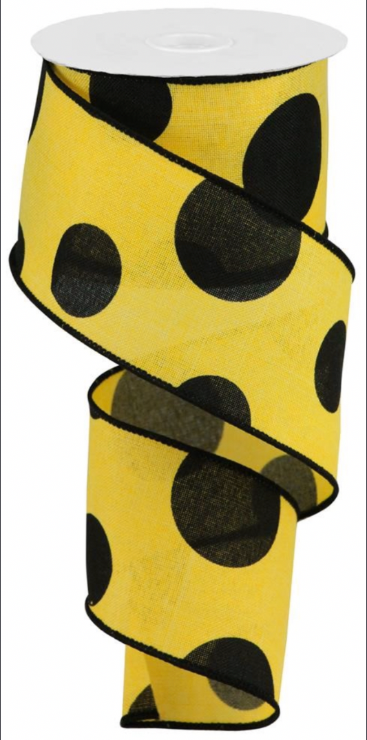 10 Yards - 2.5" Golden Yellow and Black Large Polka Dot Ribbon