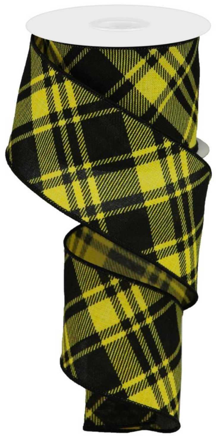 10 Yards - 2.5" Black and Yellow Diagonal Plaid Ribbon