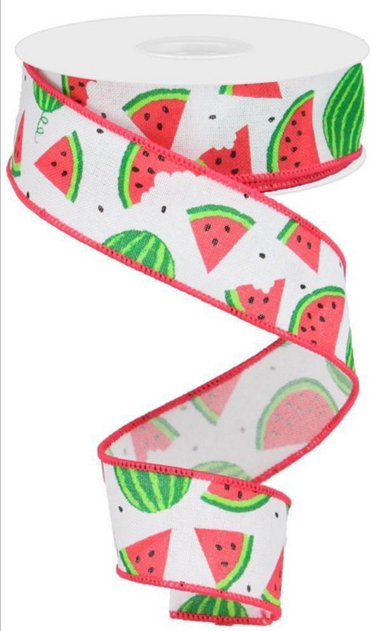 10 Yards - 1.5" White Ribbon with Watermelon Slices