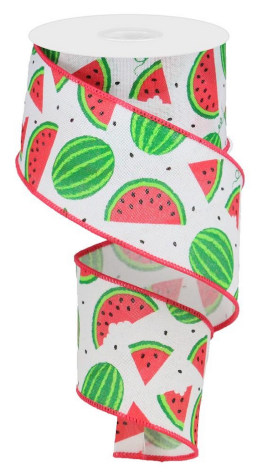 10 Yards - 2.5" White Ribbon with Watermelon Slices