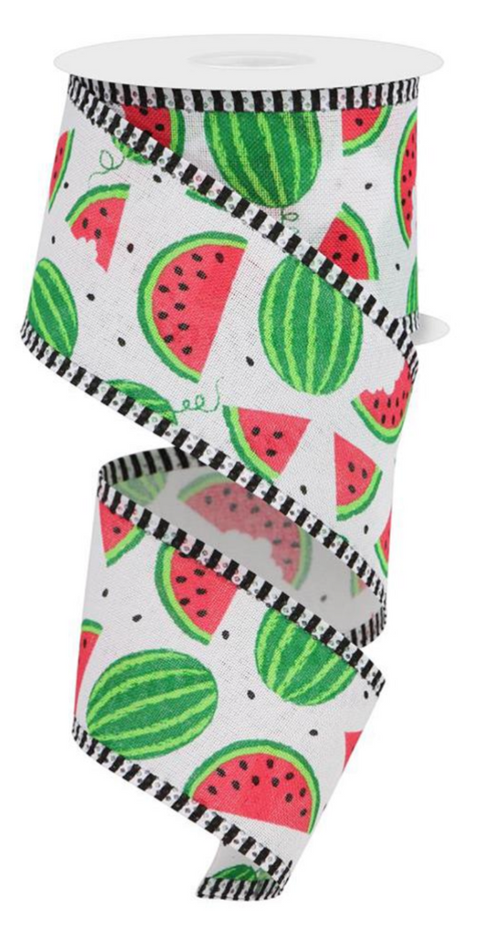 10 yards - 2.5" White Ribbon with Watermelon Slices and Stripe Edge