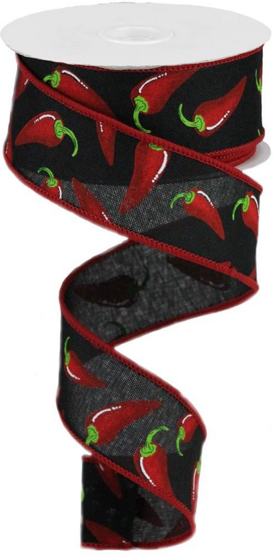 10 Yards - 1.5" Black Chili Peppers Ribbon