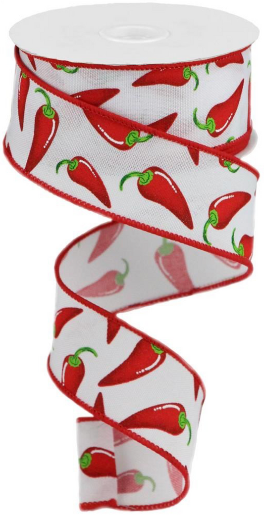 10 Yards - 1.5" White Chili Peppers Ribbon