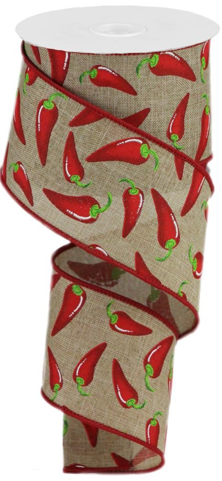 10 Yards - 2.5" Natural Ribbon with Red Chili Peppers