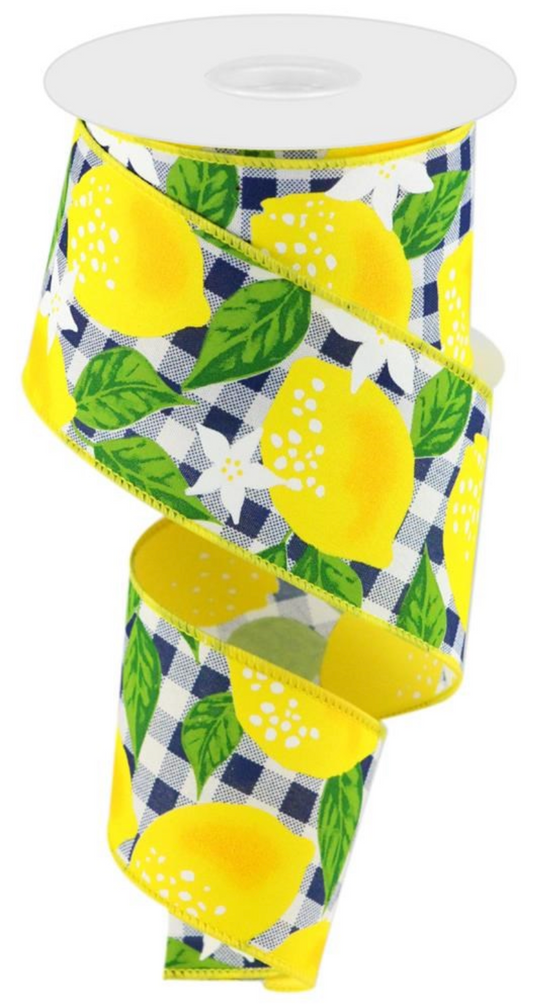 10 Yards - 2.5" Navy Gingham Lemon Ribbon