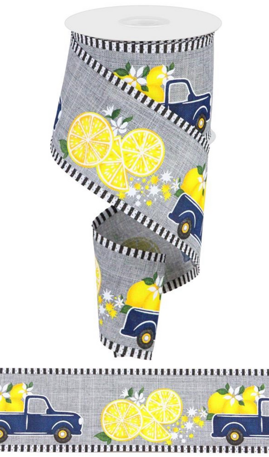 10 Yards - 2.5" Gray Ribbon with Blue Truck and Lemons