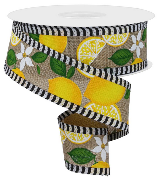 10 Yards - 1.5" Natural Ribbon with Lemons and Stripe Edge