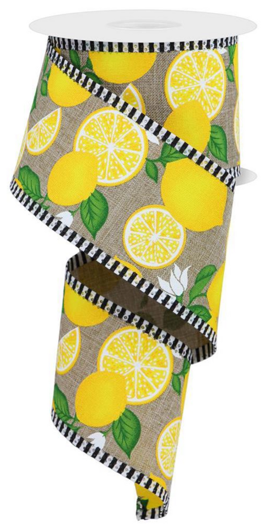 10 Yards - 2.5" Natural Ribbon with Lemons and Stripe Edge