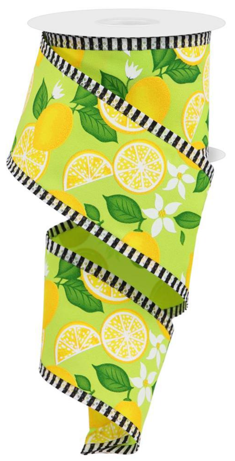 10 Yards - 2.5" Lime Green Ribbon with Lemons and Stripe Edge