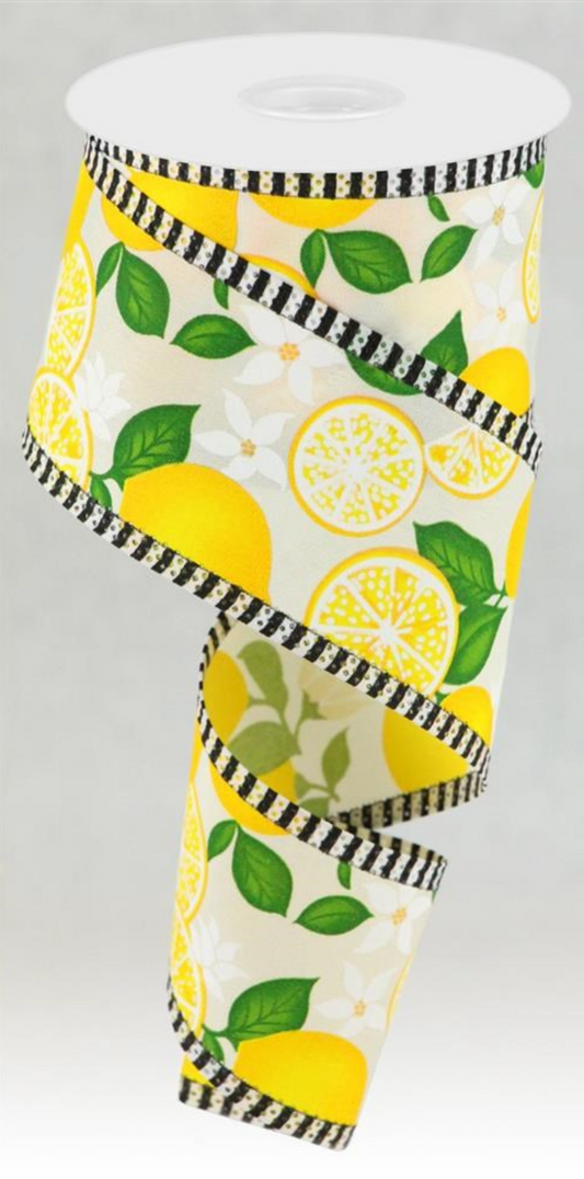 10 Yards - 2.5" White Ribbon with Lemons and Stripe Edge